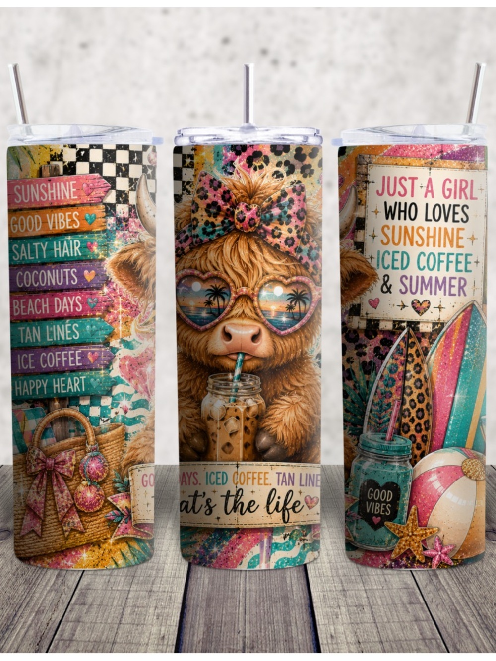 Hand Crafted Pink Teal Multicolor Beach Cow Iced Coffee Travel Tumbler